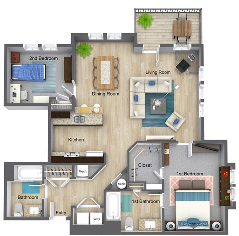 Floor plan for 2 beds, 2 baths, 1150 sqft